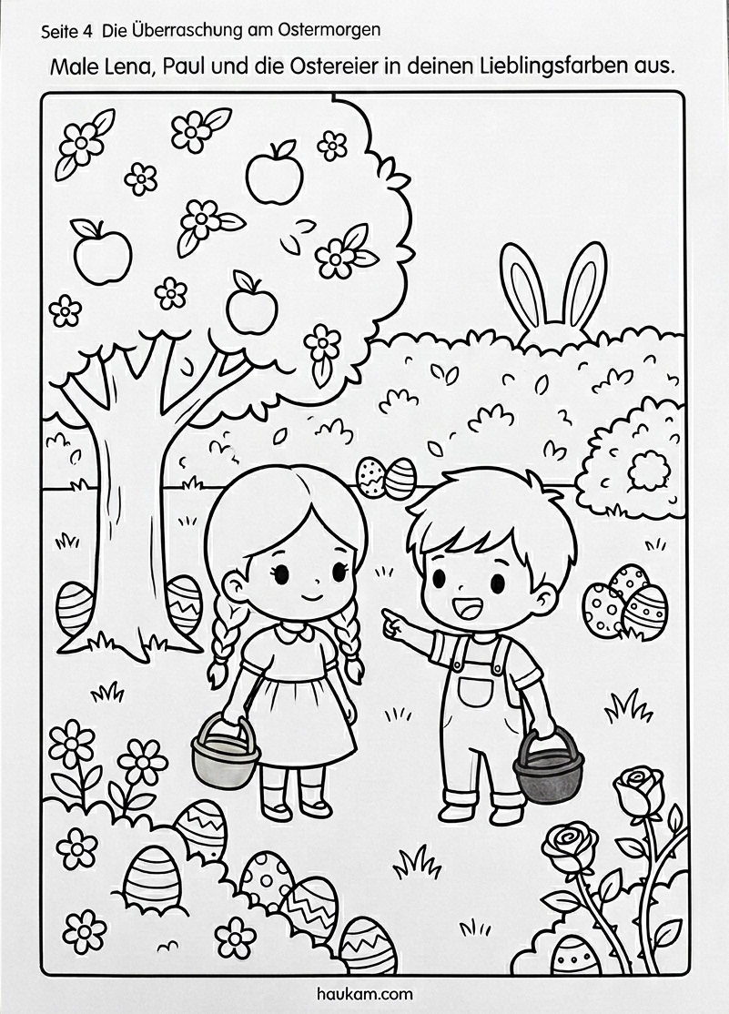 Ausmalbilder Osterhase kostenlos ausdrucken – „Hops und das Frühlingsabenteuer": 5 Malvorlagen für Kinder von 3 bis 8 Jahren 4 Ausmalbild mit den Kindern Lena und Paul, die mit Körben im Garten Ostereier suchen, während der Osterhase Hops lächelnd hinter einer Hecke am Apfelbaum hervorguckt.