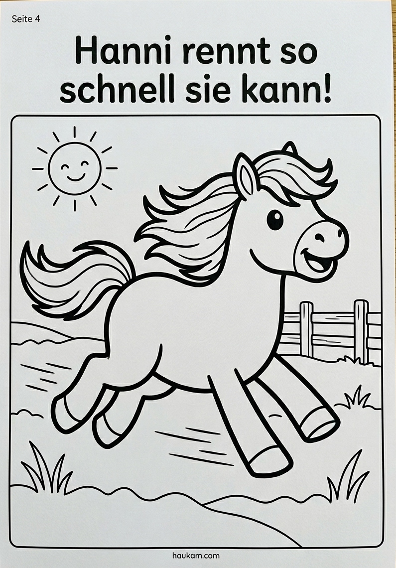 Pferde Ausmalbilder einfach für Kindergarten kostenlos ausdrucken – 5 zauberhafte Malvorlagen für kleine Pferdefans 4 Einfaches Pferd Ausmalblatt Kindergarten – Pony Hanni galoppiert mit wehender Mähne und fliegendem Schweif über eine Wiese an einem Zaun vorbei, Schwarz-Weiß Linienzeichnung mit Bewegungsstrichen für Kinder zum kostenlosen Ausdrucken