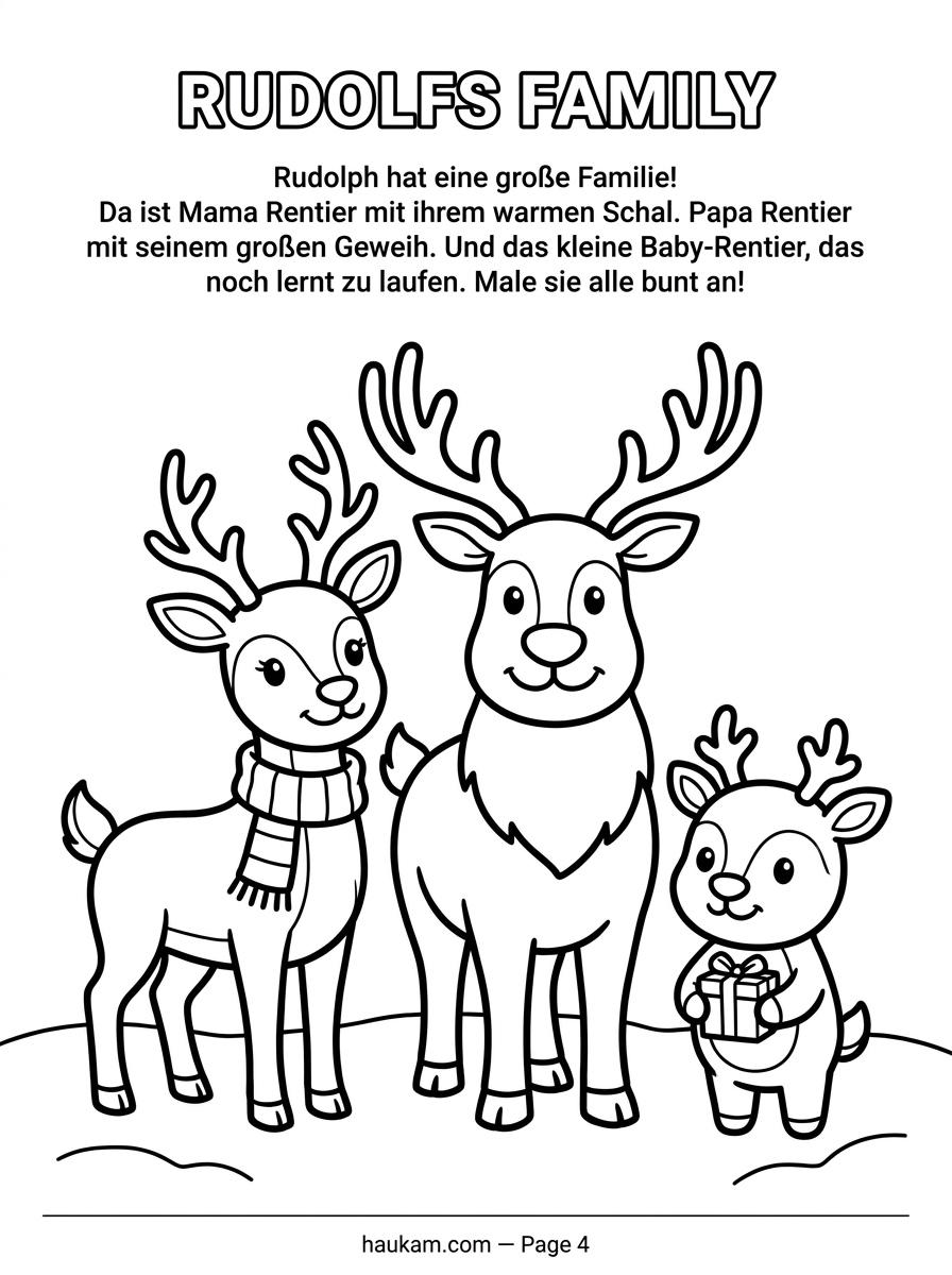 Kostenlose Weihnachten Ausmalbilder Rentier einfach : Rudolfs großes Weihnachtsabenteuer 4 Weihnachten Ausmalbilder Rentier einfach — Rudolf mit Mama, Papa und Baby-Rentier als Familienporträt, Malvorlage schwarz-weiß für Kinder