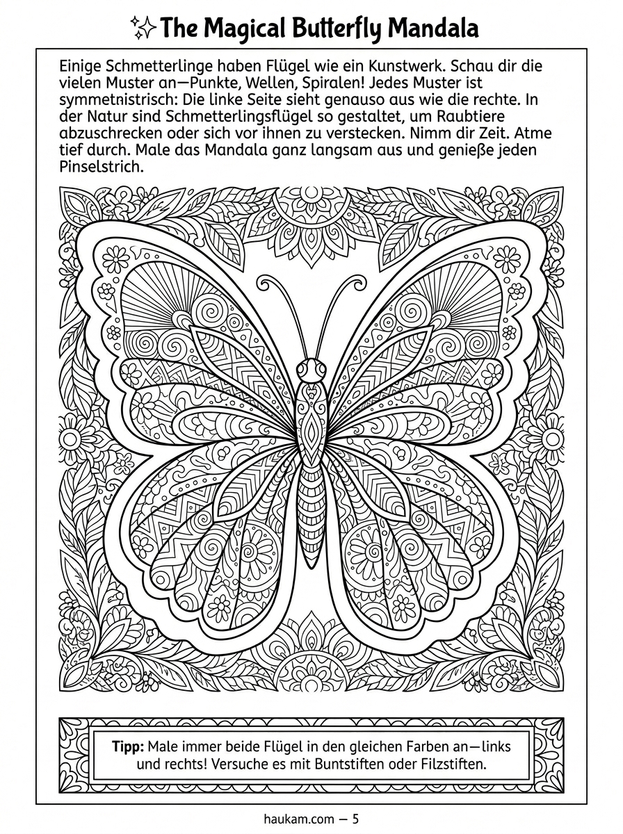 5 bezaubernde Schmetterlinge Ausmalbilder kostenlos zum Ausdrucken – Malvorlagen für Kinder von 2 bis 12 Jahren mit Geschichte, Natur und Mandala 4 Symmetrisches Schmetterlings-Mandala mit konzentrischen Flügelzonen, großen Augenflecken, Wellenlinien und Blütenformen – detaillierte Ausmalvorlage für ältere Kinder