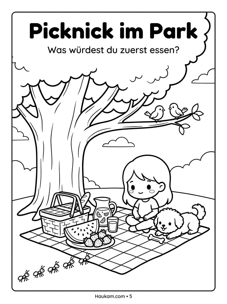 Sommerbilder zum Ausmalen: 5 zauberhafte Ausmalseiten für eine kreative Sommerzeit mit Kindern 4 Ausmalseite mit Picknickdecke, Wassermelone und Erdbeeren unter einem schattigen Baum – Sommerbilder zum Ausmalen für entspannte Sommertage