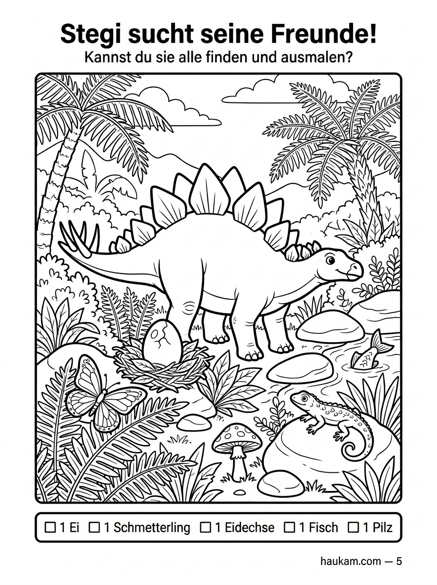 Dinosaurier Ausmalbilder kostenlos zum Ausdrucken für Kinder – 5 Seiten voller Urzeit-Abenteuer für kleine Künstler ab 3 Jahren 4 Detailreiches Urzeit-Suchbild mit Stegosaurus und fünf Checkboxen