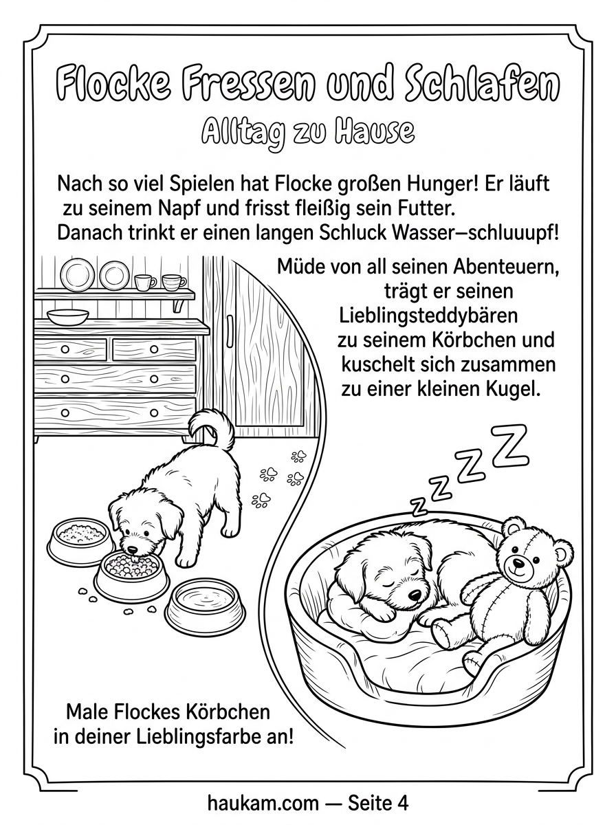 Welpen Ausmalbilder kostenlos ausdrucken: Fünf Seiten, eine Geschichte und ein kleiner Hund namens Flocke 4 Welpen Ausmalbilder kostenlos ausdrucken — zweigeteilte Alltagsszene: Welpe am Futternapf und schlafender Welpe im Körbchen mit Teddy, Malvorlage für Kinder