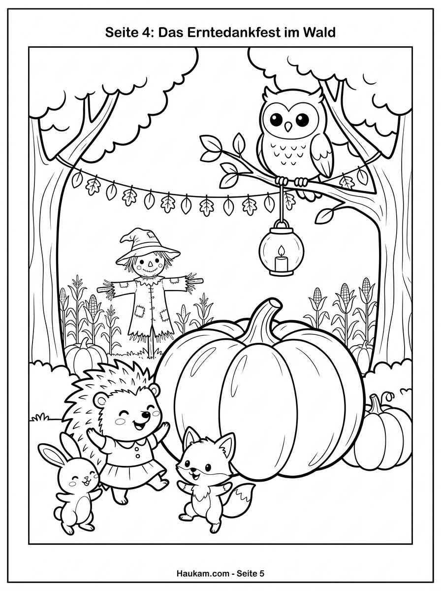 Ausmalbild Herbst für Kinder: 5 zauberhafte Ausmalvorlagen mit Igel-Geschichte zum kostenlosen Ausdrucken 4 „Ausmalbild Herbst: Waldtiere feiern ein Erntefest mit Kürbis, Laterne, Girlande und Vogelscheuche"