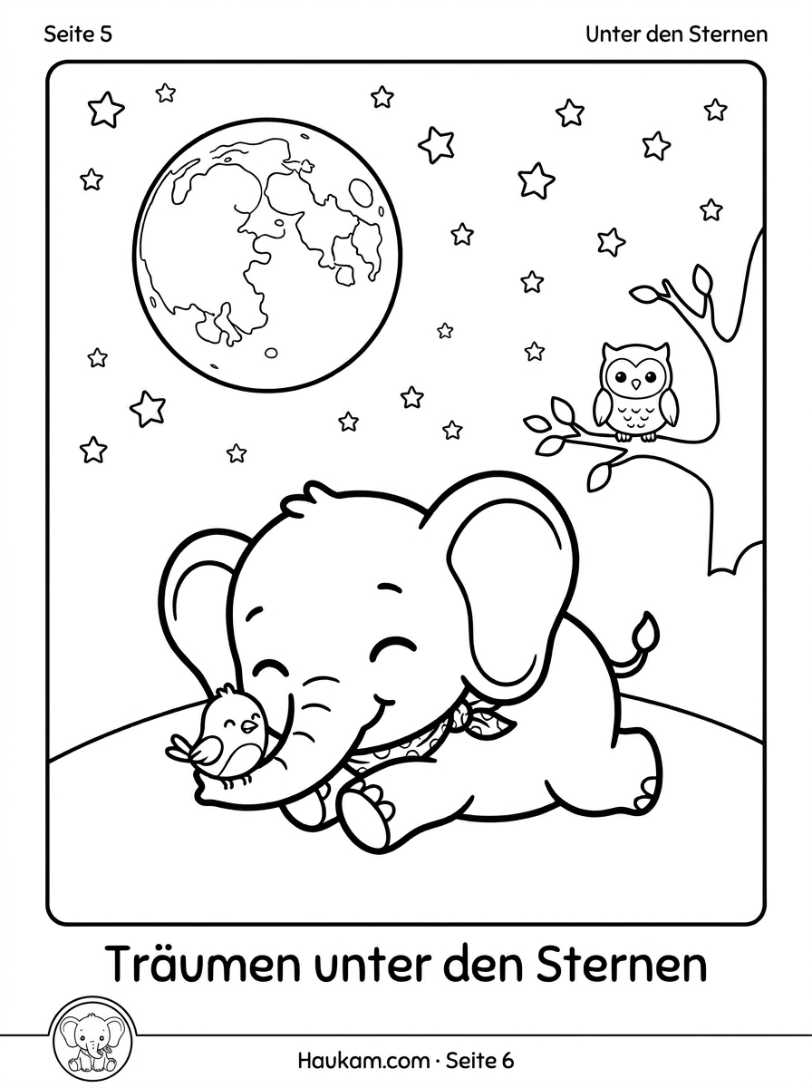 Ausmalbild Elefant für Kinder: Elios fünf Abenteuer als kostenlose Malvorlage zum Ausdrucken 5 Ausmalbild Elefant Elio schläft unter Sternenhimmel mit Vollmond und Vogel Pip, ruhige Malvorlage für Kinder