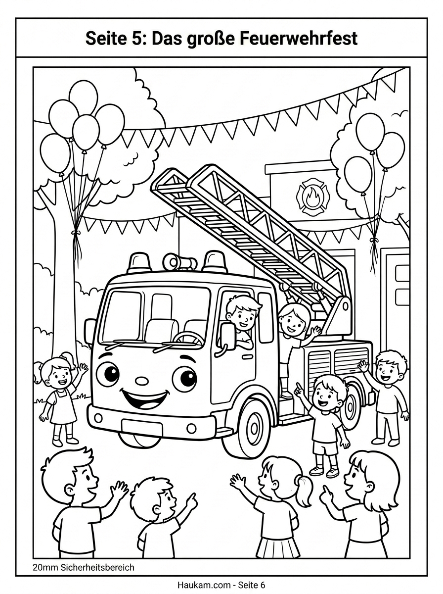 Ausmalbild Feuerwehrauto zum Ausdrucken: 5 spannende Mal-Abenteuer für kleine Feuerwehrhelden 5 Ausmalbild Feuerwehrauto: Felix wird beim großen Feuerwehrfest von vielen Kindern bestaunt – Malvorlage für Kindergarten und Zuhause
