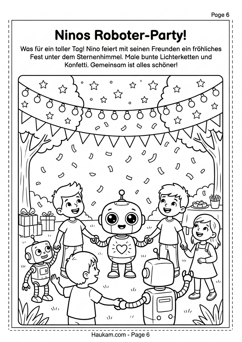 Ausmalbilder Roboter zum Ausdrucken: 5 kostenlose Malvorlagen für kleine Technikfans 5 Ausmalbilder Roboter Nino feiert mit Freunden unter dem Sternenhimmel, Malvorlage Roboterfest für Kinder