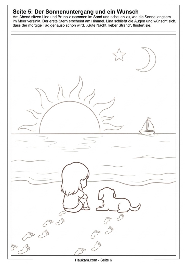 Ausmalbild Strand für Kinder: 5 kostenlose Ausmalbilder zum Ausdrucken mit einer Sommergeschichte für kleine Strandentdecker 5 Ausmalbild Strand: Mädchen und Hund sitzen bei Sonnenuntergang am Strand und beobachten den ersten Stern – Malvorlage für Kinder