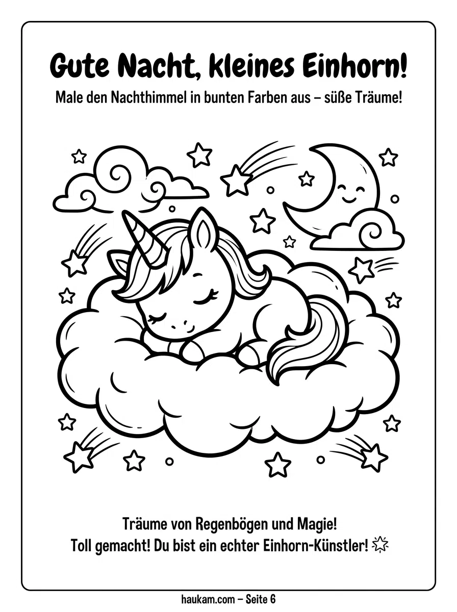 Einhorn Ausmalbilder kostenlos ausdrucken für Kinder: 5 zauberhafte Malvorlagen, die kleine Künstlerherzen höherschlagen lassen 5 Süßes Einhorn Ausmalbild kostenlos für Kinder – schlafendes Baby-Einhorn auf Wolke mit Vollmond, Sternen und Sternschnuppen am Nachthimmel, einfache schwarzweiße Malvorlage für kleine Kinder ab 3 Jahren