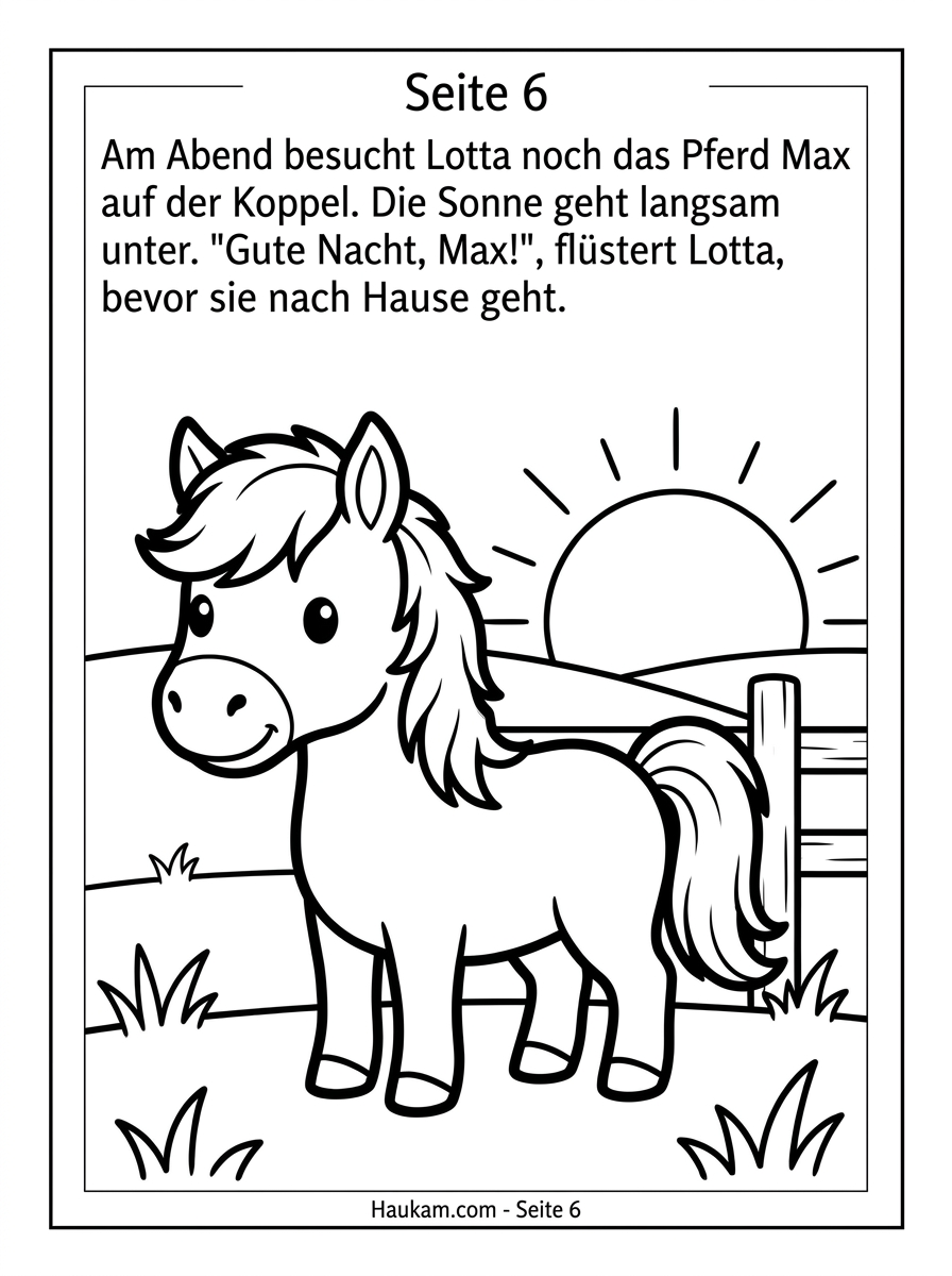 Bauernhoftiere Ausmalbilder zum Ausdrucken: Eine Hofgeschichte mit 5 Malvorlagen für Kinder 5 Bauernhoftiere Ausmalbilder : Schwarz-weißes Ausmalbild eines Pferdes auf der Koppel bei Sonnenuntergang, Malvorlage für Kinder