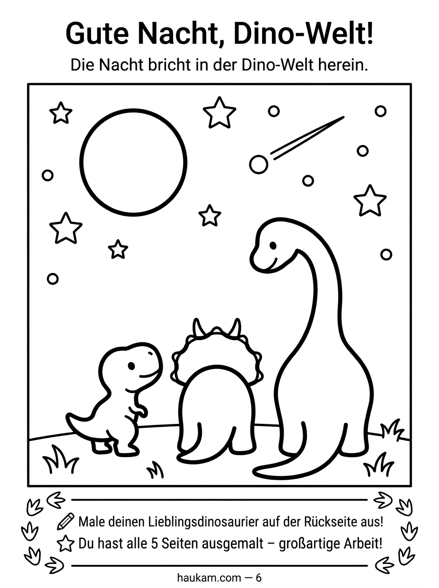 Dinosaurier Ausmalbilder kostenlos zum Ausdrucken für Kinder – 5 Seiten voller Urzeit-Abenteuer für kleine Künstler ab 3 Jahren 5 Drei Dinosaurier schauen gemeinsam friedlich in den Sternenhimmel. Dinosaurier Ausmalbilder kostenlos zum Ausdrucken Kinder