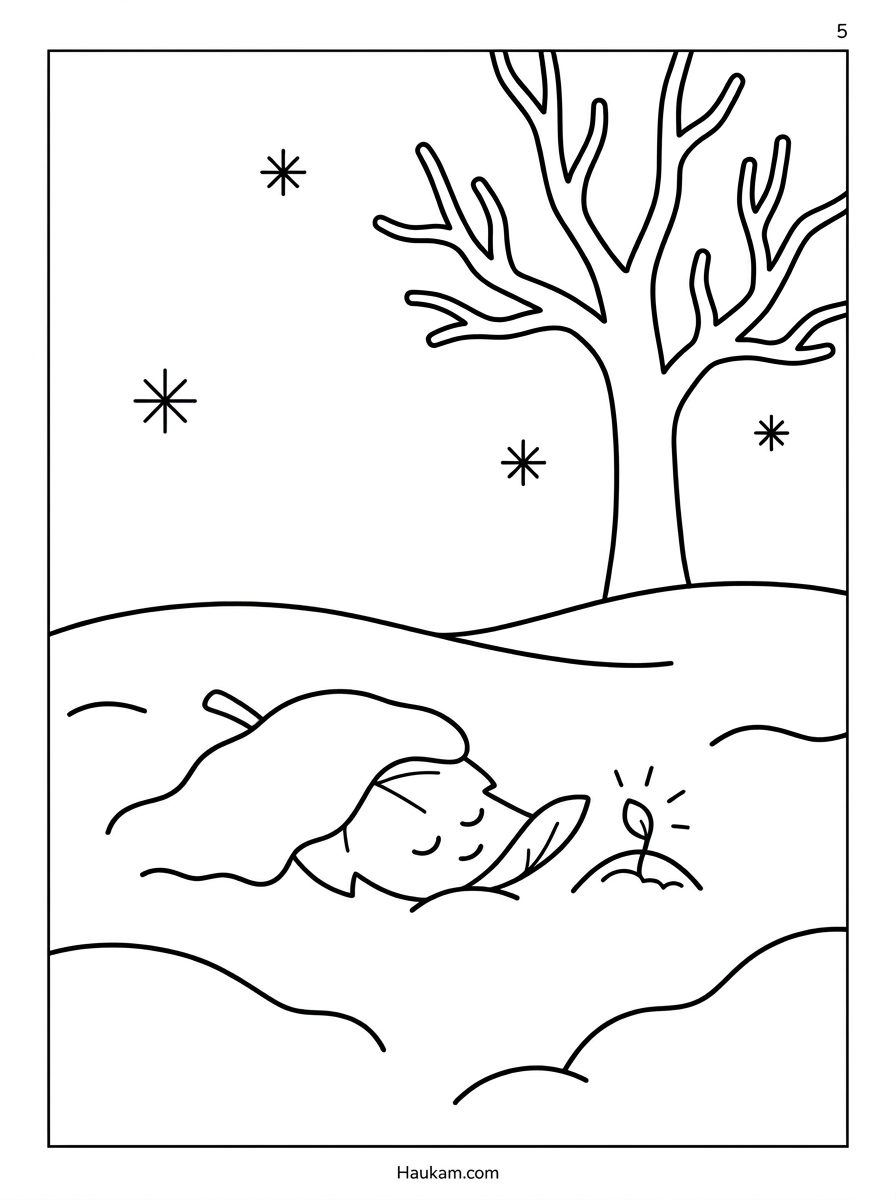 Blatt Ausmalbild für Kinder kostenlos ausdrucken: Eine zauberhafte Jahreszeiten-Geschichte zum Ausmalen in 5 Teilen 5 Winterliches Ausmalbild eines Blattes im Schnee neben einem kleinen neuen Spross, der auf den Frühling wartet – letztes Motiv der Blatt Ausmalbild Jahreszeiten-Serie.