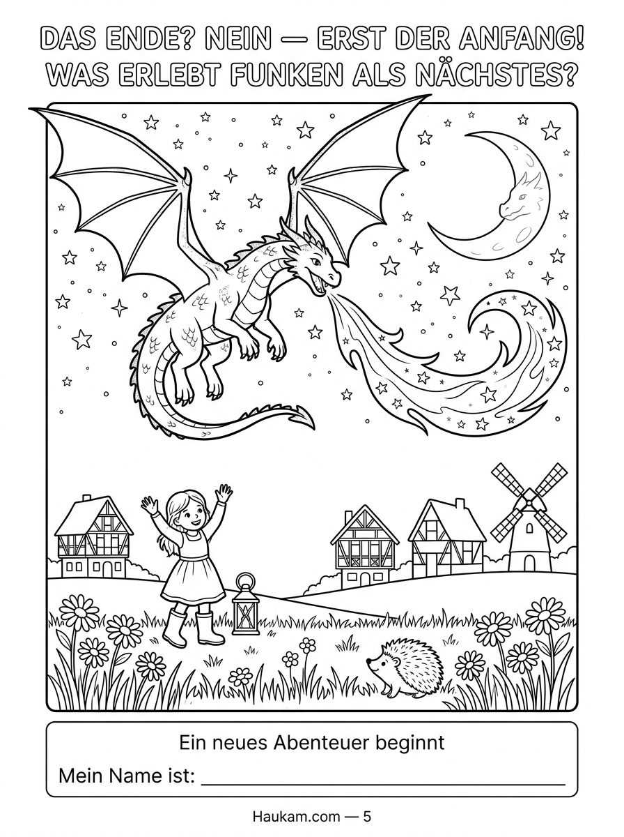 Drache Ausmalbild mit Geschichte: 5 zauberhafte Malvorlagen für Kinder, die Abenteuer lieben und träumen 5 Drache Funken fliegt in Sternenhimmel, Mädchen winkt unten, Abschlussseite Malbuch Kinder