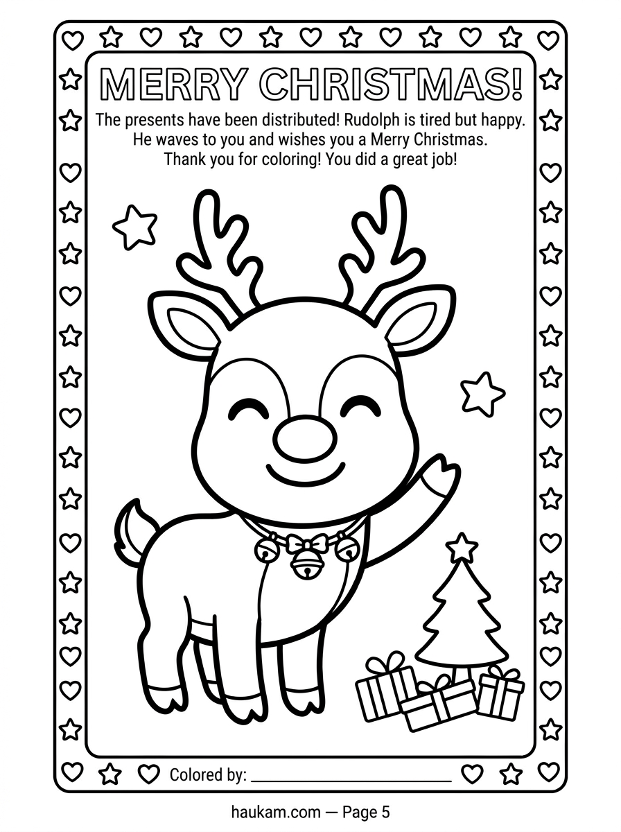 Kostenlose Weihnachten Ausmalbilder Rentier einfach : Rudolfs großes Weihnachtsabenteuer 5 Frohe Weihnachten Ausmalbild Rentier einfach — Rudolf winkt mit Glöckchen und Weihnachtsbaum, kostenlose Malvorlage mit Namensfeld für Kinder