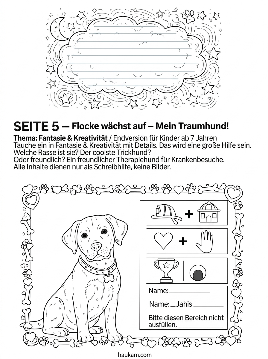 Welpen Ausmalbilder kostenlos ausdrucken: Fünf Seiten, eine Geschichte und ein kleiner Hund namens Flocke 5 Kreatives Welpen Ausmalbild kostenlos ausdrucken — erwachsener Hund mit Traumwolke und Schreibzeilen, Malvorlage mit Rettungshund, Therapiehund und Sporthund für Kinder ab 7 Jahren