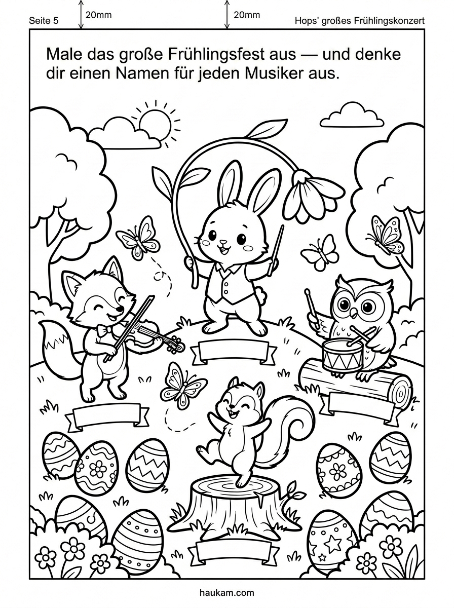 Ausmalbilder Osterhase kostenlos ausdrucken – „Hops und das Frühlingsabenteuer": 5 Malvorlagen für Kinder von 3 bis 8 Jahren 5 Malvorlage Frühlingsfest im Wald mit Osterhase Hops als Dirigent, Fuchs mit Geige, Eule an der Trommel und Eichhörnchen auf einem Baumstumpf inmitten von Schmetterlingen und Ostereiern. Ausmalbilder Osterhase kostenlos ausdrucken