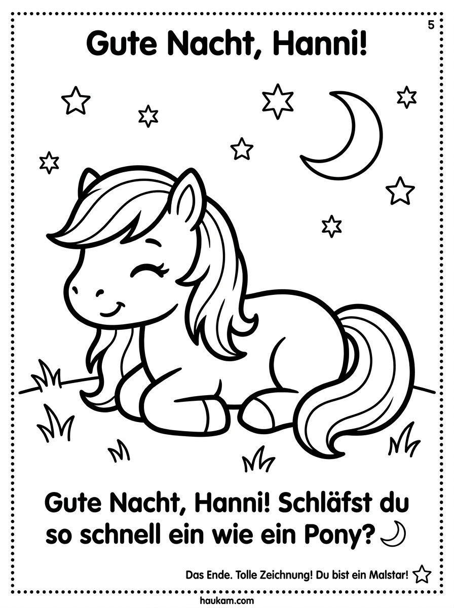 Pferde Ausmalbilder einfach für Kindergarten kostenlos ausdrucken – 5 zauberhafte Malvorlagen für kleine Pferdefans 5 Ausmalbilder Pferde einfach für Kindergarten – Pony Hanni liegt schlafend auf dem Boden mit geschlossenen Augen und einem Lächeln, umgeben von Halbmond und Sternen, ruhige Schwarz-Weiß Nachtszene Malvorlage für Kinder zum Ausdrucken