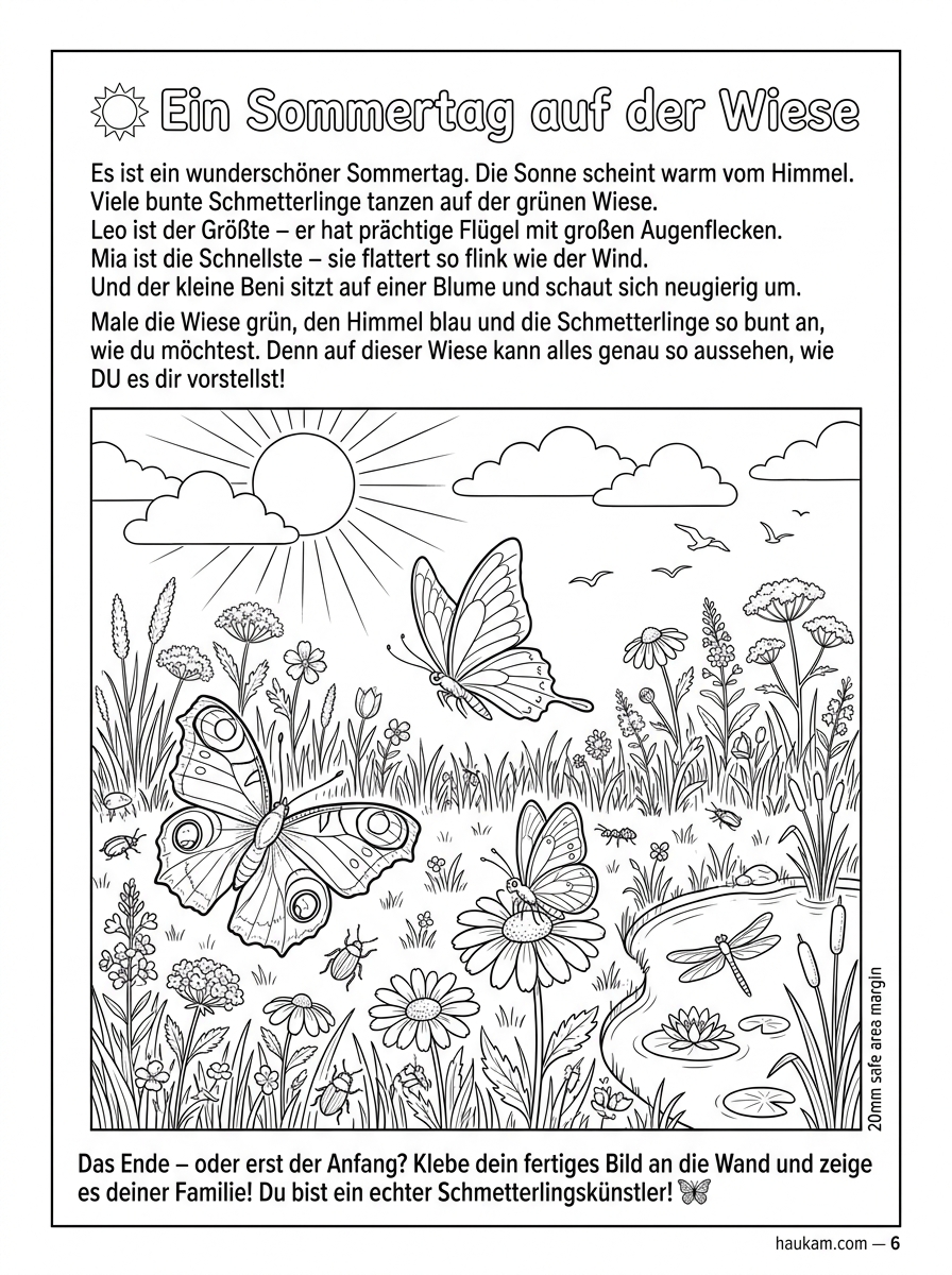 5 bezaubernde Schmetterlinge Ausmalbilder kostenlos zum Ausdrucken – Malvorlagen für Kinder von 2 bis 12 Jahren mit Geschichte, Natur und Mandala 5 Drei Schmetterlinge auf einer Sommerwiese mit Wildblumen, Teich, Libelle, Vögeln und Sonne – große Ausmalszene für Kinder aller Altersstufen