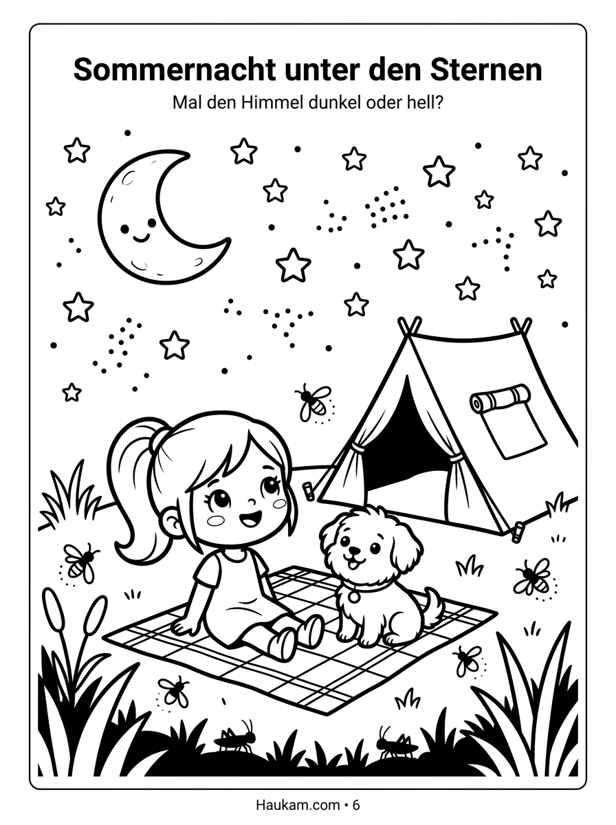 Sommerbilder zum Ausmalen: 5 zauberhafte Ausmalseiten für eine kreative Sommerzeit mit Kindern 5 Malvorlage mit Mädchen und Hund unter Sternenhimmel, Mond und Glühwürmchen