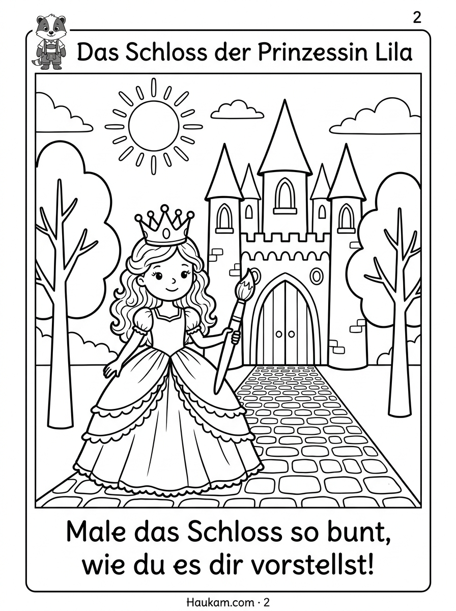 Ausmalbilder Prinzessin kostenlos – 5 märchenhafte Malvorlagen mit Geschichte für Kinder von 4 bis 9 Jahren 1 Ausmalbild Prinzessin kostenlos – Prinzessin Lila mit Krone vor Märchenschloss mit vier Türmen, Linienzeichnung für Kinder zum Ausmalen. ausmalbilder prinzessin kostenlos