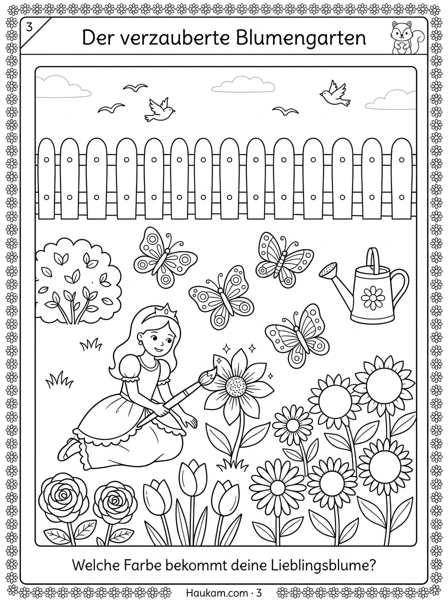 Ausmalbilder Prinzessin kostenlos – 5 märchenhafte Malvorlagen mit Geschichte für Kinder von 4 bis 9 Jahren 2 Ausmalbild Prinzessin Blumengarten – Prinzessin Lila kniet zwischen Rosen, Tulpen und Schmetterlingen, kostenlose Malvorlage für Kinder