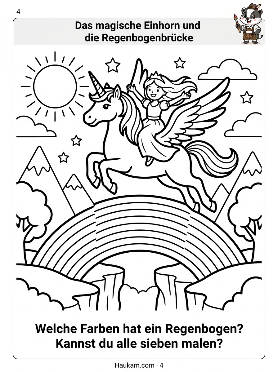 Ausmalbilder Prinzessin kostenlos – 5 märchenhafte Malvorlagen mit Geschichte für Kinder von 4 bis 9 Jahren 3 Ausmalbild Prinzessin Einhorn – Prinzessin Lila reitet auf geflügeltem Einhorn über Regenbogenbrücke, kostenlose Malvorlage für Kinder
