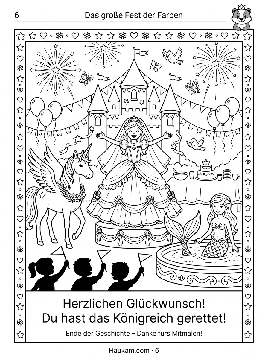 Ausmalbilder Prinzessin kostenlos – 5 märchenhafte Malvorlagen mit Geschichte für Kinder von 4 bis 9 Jahren 5 Ausmalbild Prinzessin Fest kostenlos – Prinzessin Lila feiert mit Einhorn und Meerjungfrau beim großen Farbenfest mit Feuerwerk, Malvorlage für Kinder