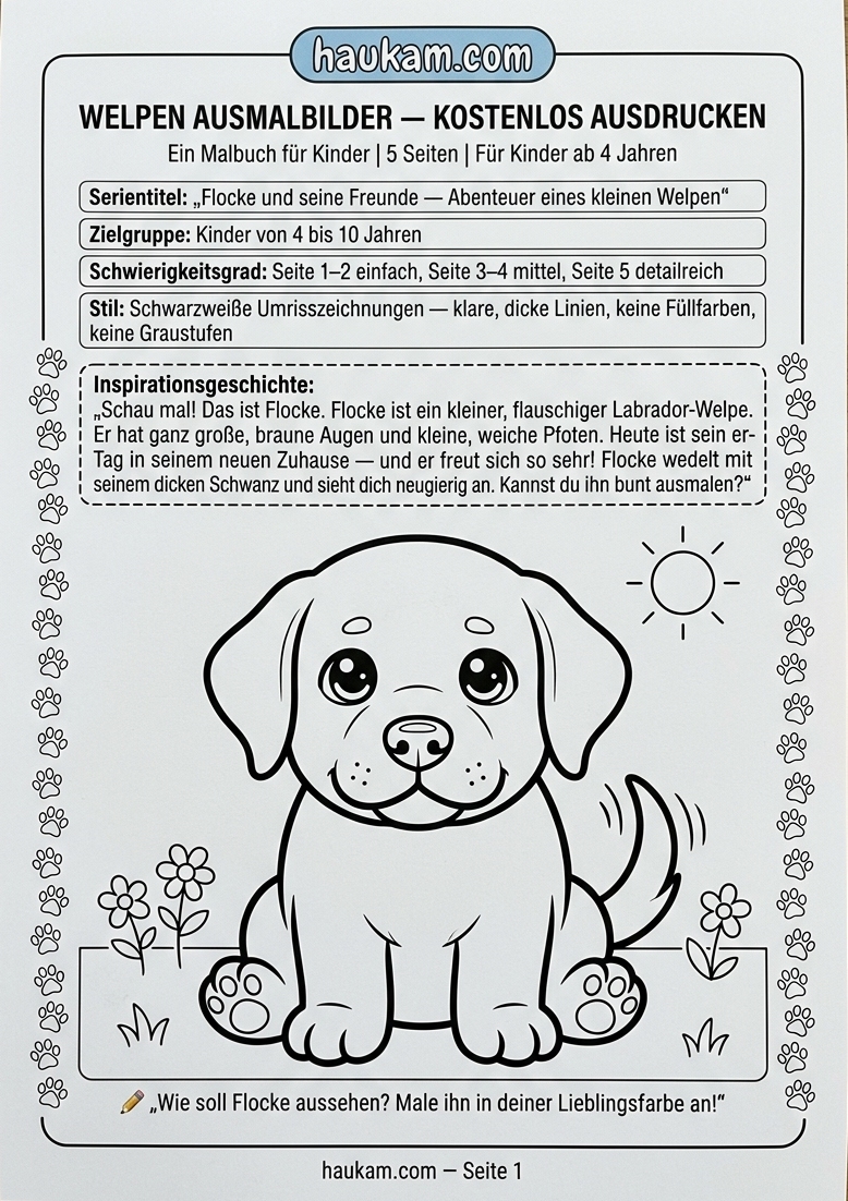 Welpen Ausmalbilder kostenlos ausdrucken: Fünf Seiten, eine Geschichte und ein kleiner Hund namens Flocke 1 Welpe Ausmalbild kostenlos ausdrucken — niedlicher Labrador-Welpe mit großen Augen und Pfoten-Rahmen, Malvorlage für Kinder ab 4 Jahren