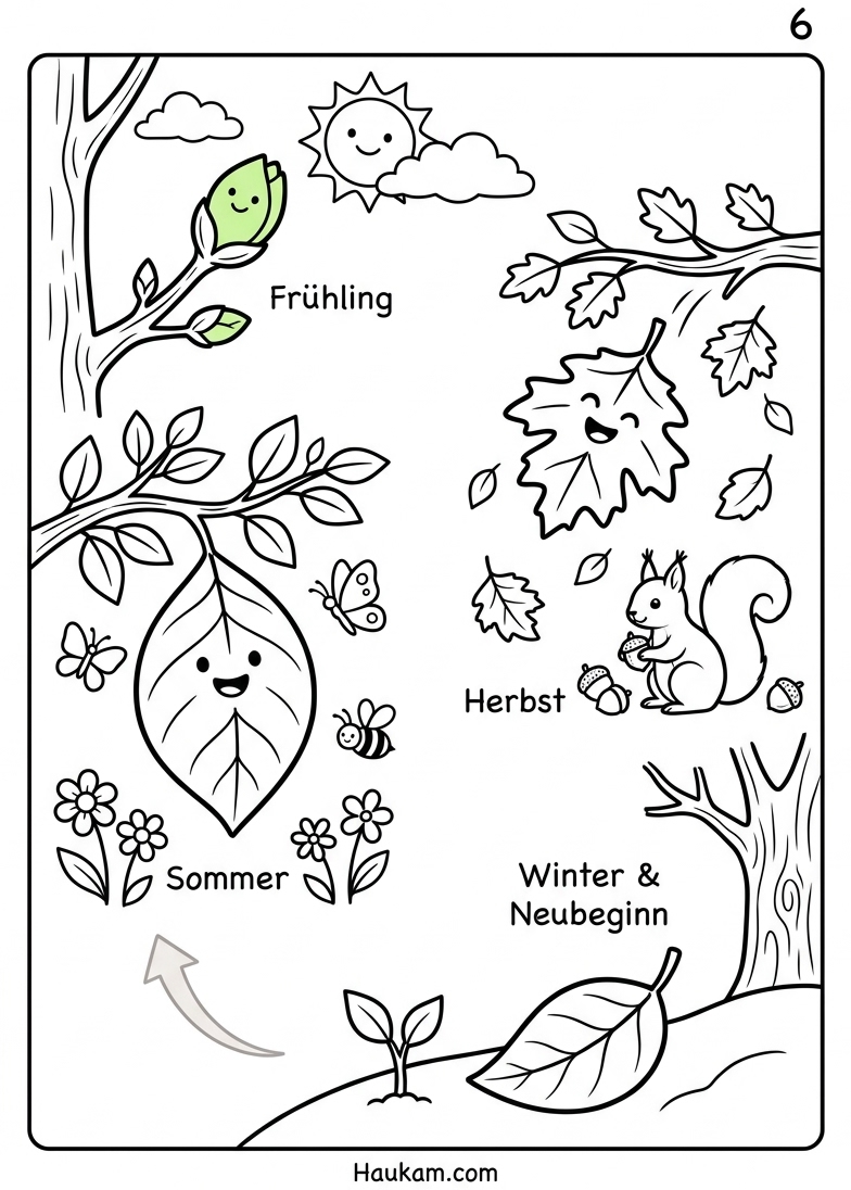 Blatt Ausmalbild für Kinder kostenlos ausdrucken: Eine zauberhafte Jahreszeiten-Geschichte zum Ausmalen in 5 Teilen 6 Leaf adventure coloring page 202606211548