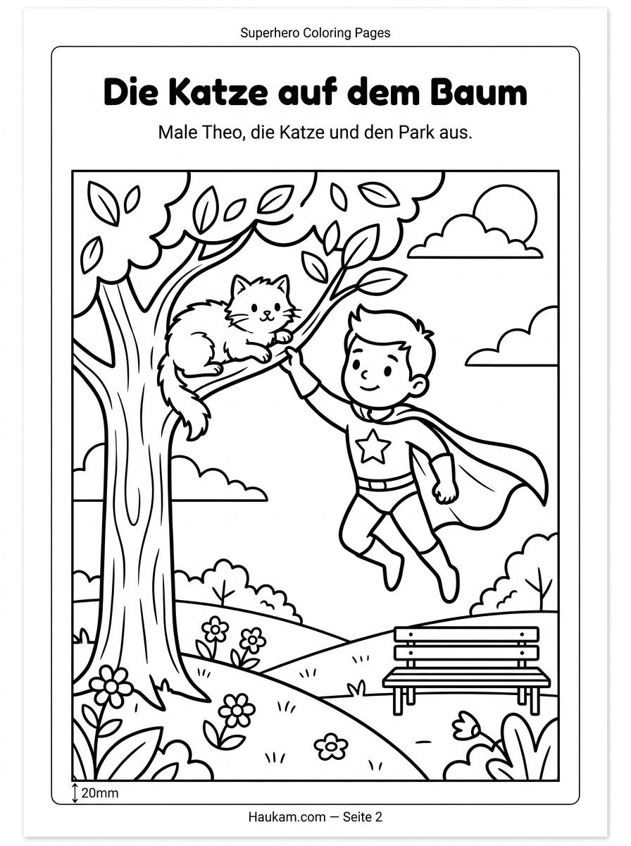 Superheld Ausmalbilder für Kinder: Theos Mutige Heldengeschichte in 5 Bildern zum Ausmalen 2 Superheld Ausmalbild: Junge mit Umhang schwebt im Park zu einer Katze auf einem Baum, Malvorlage in Schwarz-Weiß für Kinder