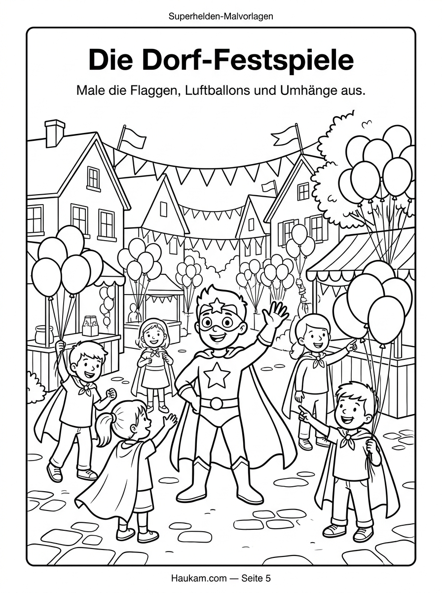 Superheld Ausmalbilder für Kinder: Theos Mutige Heldengeschichte in 5 Bildern zum Ausmalen 5 Superheld Ausmalbilder : Kinder mit selbstgebastelten Umhängen feiern ein Dorffest, Schwarz-Weiß-Malvorlage für Kinder zum Ausdrucken