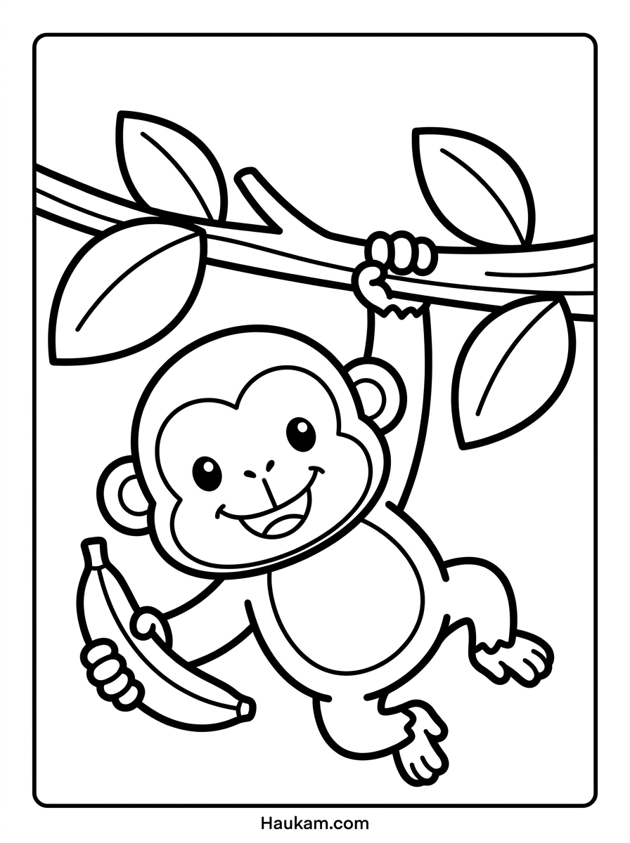 Affe Ausmalbild: 5 kostenlose Vorlagen zum Ausdrucken 1 Affe Ausmalbild für Kinder: niedlicher Chibi-Affe hängt am Ast und hält eine Banane, Schwarz-Weiß-Vorlage zum Ausdrucken