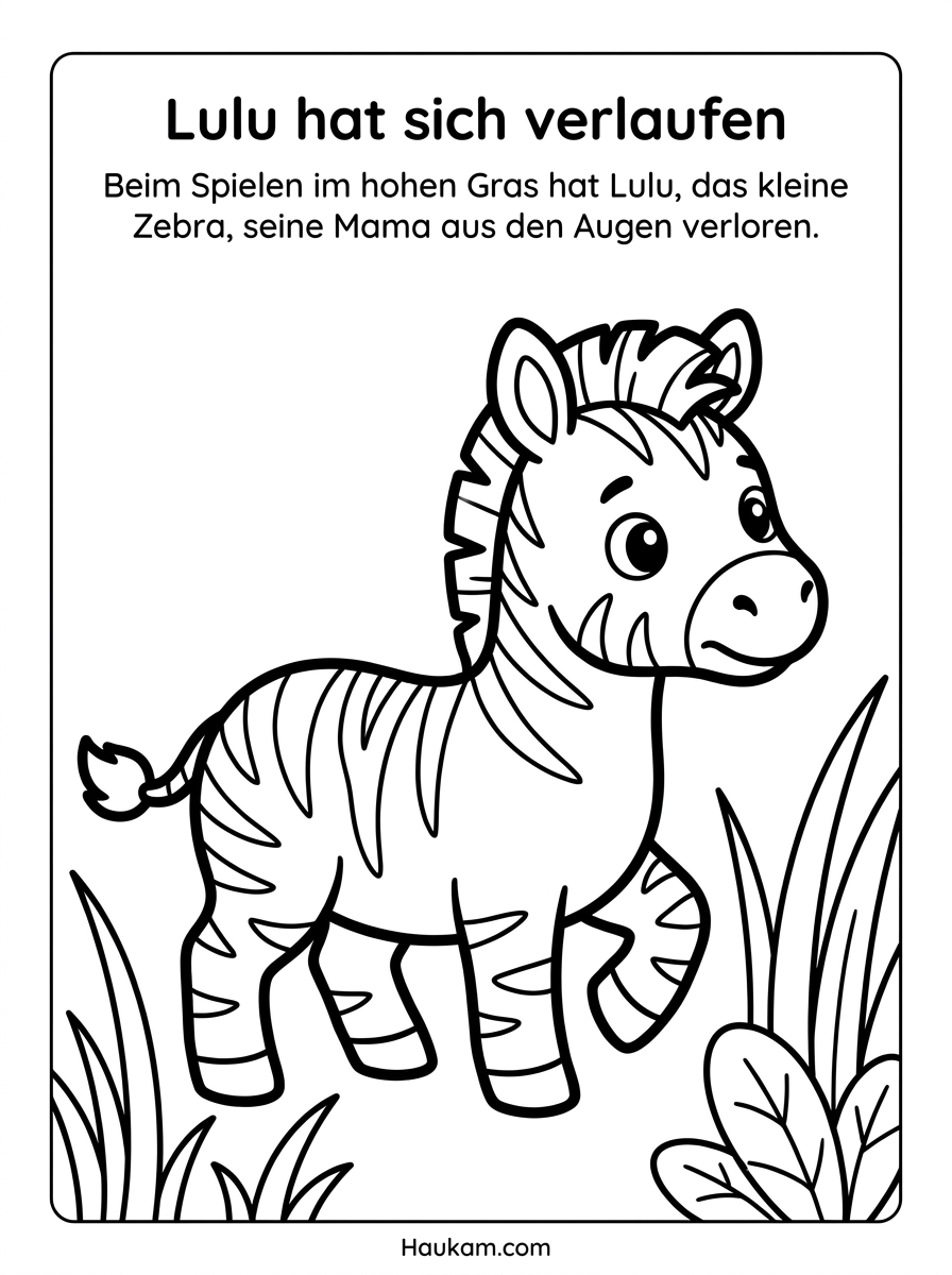 Ausmalbild Dschungeltiere: Wie Lulu, das kleine Zebra, seinen Weg zurück zur Mama findet 1 Ausmalbild Dschungeltiere – kleines Zebrafohlen Lulu steht allein im hohen Gras