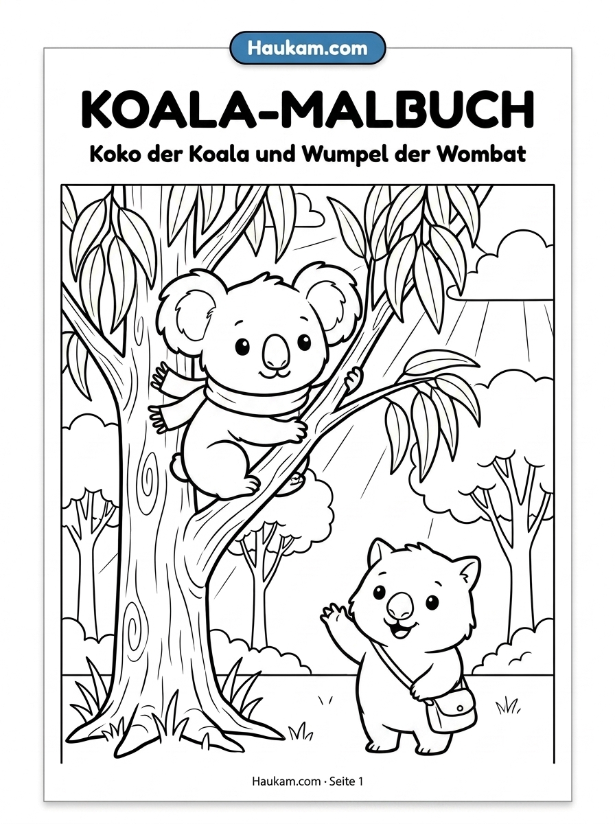 Ausmalbild Koala zum Ausdrucken: Die Abenteuergeschichte von Koko für kleine Naturfreunde 1 Ausmalbild Koala Koko sitzt neugierig auf einem Ast im Eukalyptusbaum zum Ausdrucken