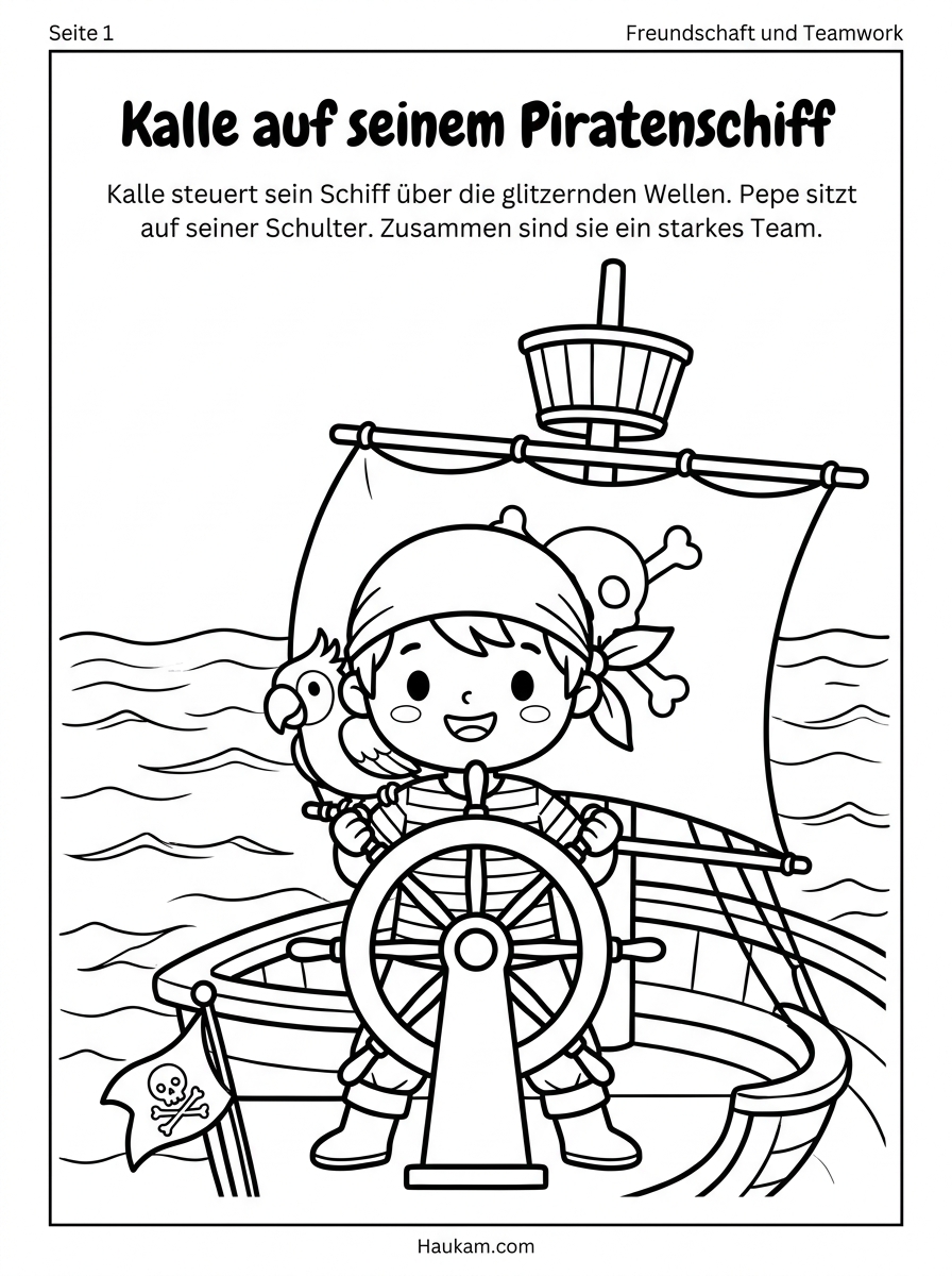 Piraten Ausmalbilder für Kinder: Kalles Schatzsuche als fünfteilige Ausmalgeschichte 1 Piraten Ausmalbild: Der kleine Pirat Kalle mit Papagei Pepe am Steuerrad seines Schiffes auf hoher See mit wehenden Segeln.