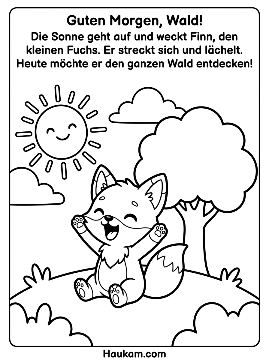 Ausmalbild Wald : Mit Fuchs Finn durch einen ganzen Waldtag – die schönste Mal-Geschichte zum kostenlosen Ausdrucken 1 Ausmalbild Wald für Kinder – kleiner Fuchs streckt sich am Morgen im Wald, Malvorlage zum Ausdrucken