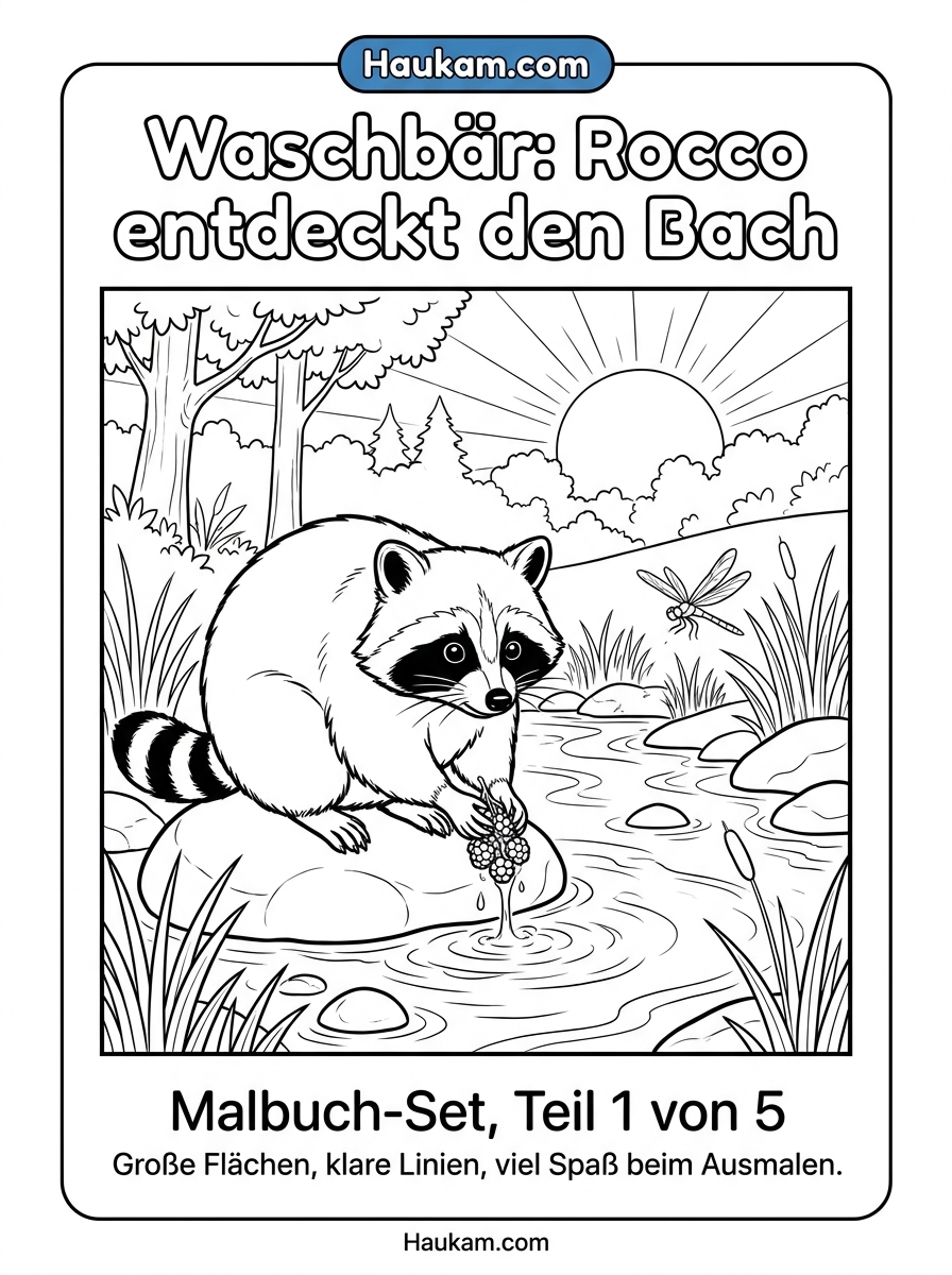 Ausmalbild Waschbär für Kinder: Roccos Waldabenteuer zum Ausmalen und Vorlesen 1 Ausmalbild Waschbär Rocco wäscht eine Beere am Waldbach – Malvorlage für Kinder