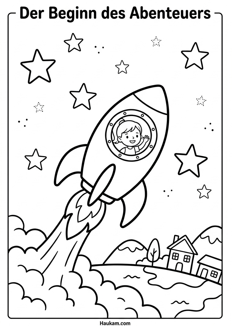 Ausmalbild Weltall für Kinder: Fünf zauberhafte Weltraum-Malvorlagen zum kostenlosen Ausdrucken 1 Ausmalbild Weltall für Kinder – kleines Mädchen startet mit einer Rakete ins All, Schwarz-Weiß-Malvorlage mit Sternen und Rauchwolken