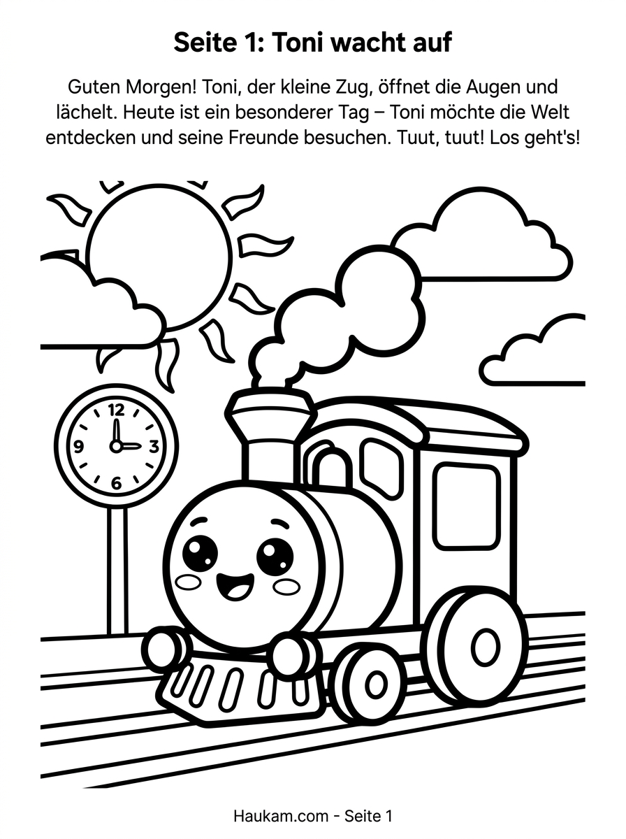 Ausmalbild Zug : Wie Tonis Reise durch Berge, Bauernhof und Fest kleine Künstler begeistert 1 Ausmalbild Zug für Kinder – fröhlicher Chibi-Zug Toni steht lächelnd am Bahnhof, mit Sonne, Wolken und Bahnhofsuhr, schwarz-weiße Malvorlage zum Ausdrucken
