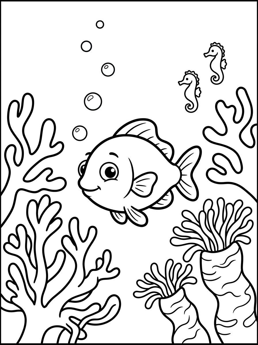 Ausmalbilder Fische zum Ausdrucken: Finns Unterwasserabenteuer als Malvorlage für Kinder 1 Kostenlose Ausmalbilder Fische mit klaren Konturen für Kleinkinder, die den kleinen Fisch Finn in seinem sicheren Zuhause im Korallenriff zwischen Anemonen zeigen.