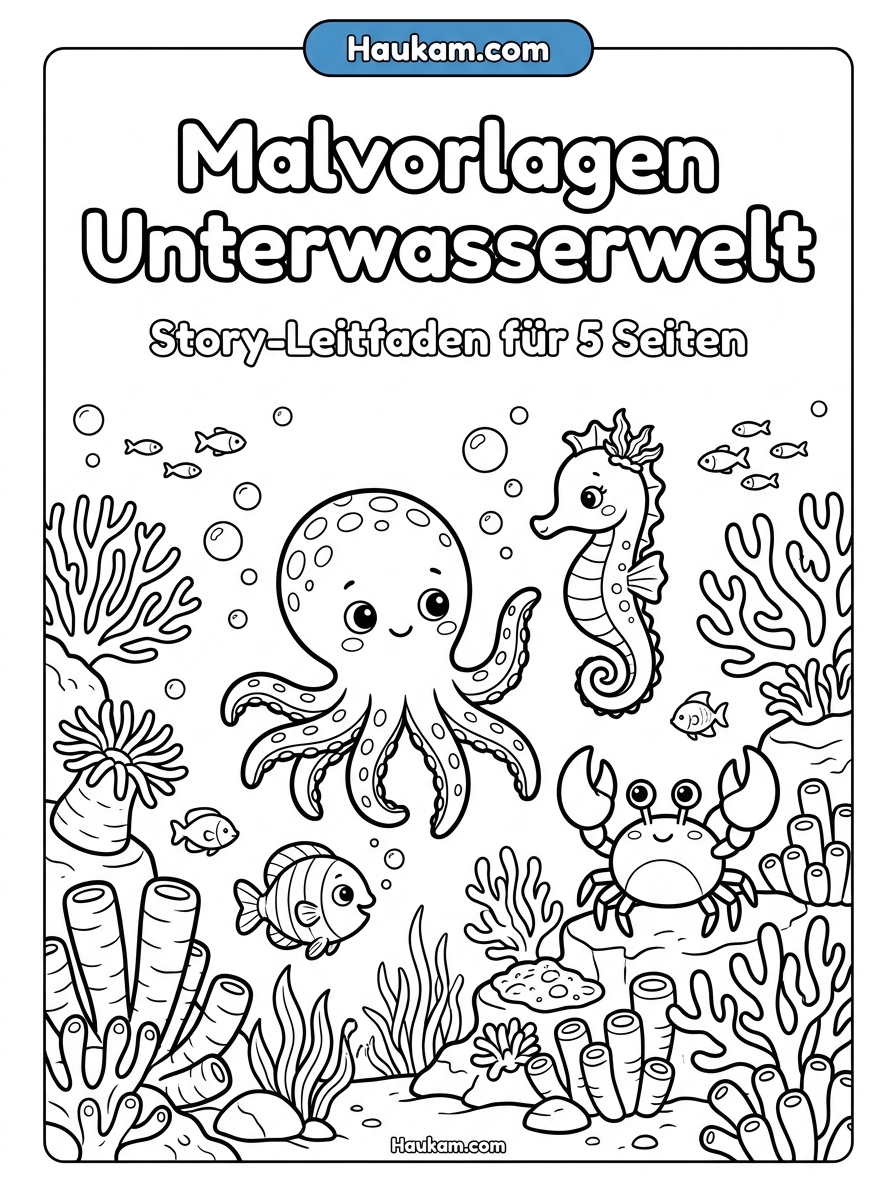 Ausmalbilder Unterwasserwelt : Eine bezaubernde Malvorlagen-Geschichte mit Ozzi dem Oktopus 1 Ausmalbilder Unterwasserwelt: Oktopus Ozzi spielt zwischen bunten Korallen im Meer, Malvorlage für Kinder