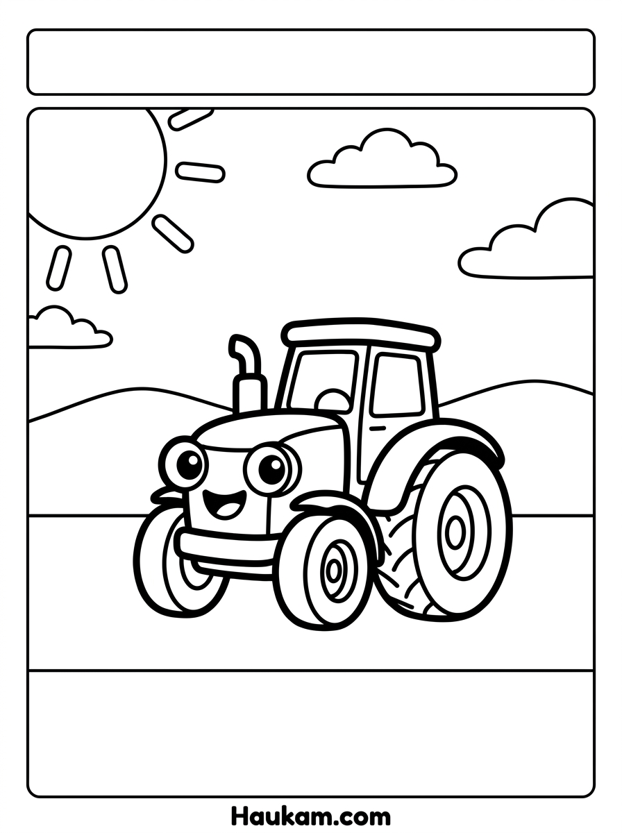 Ausmalen Traktor: Kostenlose Ausmalbilder zum Ausdrucken 1 Ausmalen Traktor zum Ausdrucken – süßer Chibi-Traktor mit Sonne und Wolken für Kinder