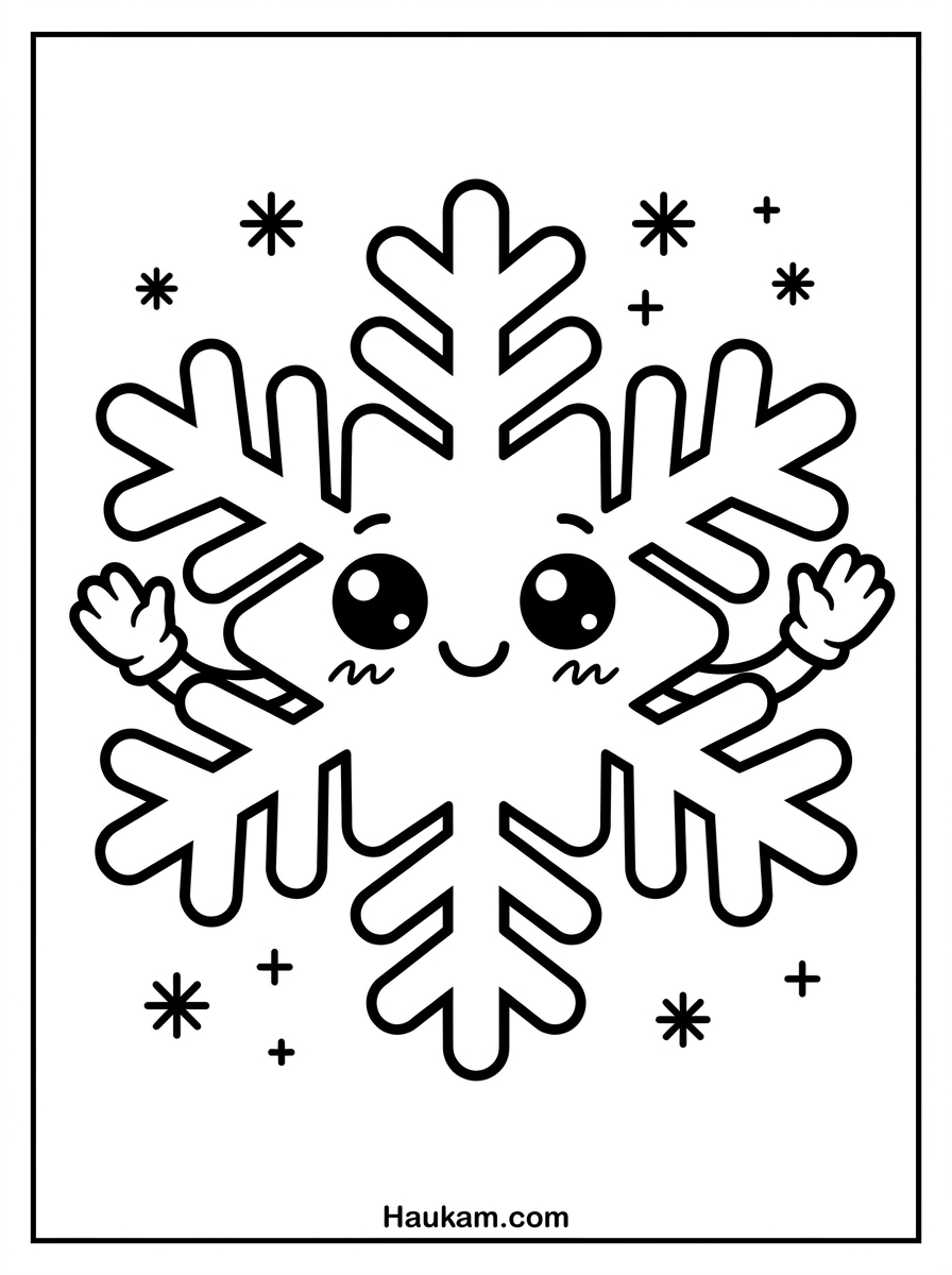 Schneeflocke Ausmalbild: Kostenlose Vorlagen für Kinder 1 Schneeflocke Ausmalbild mit fröhlichem Gesicht zum Ausdrucken für Kinder
