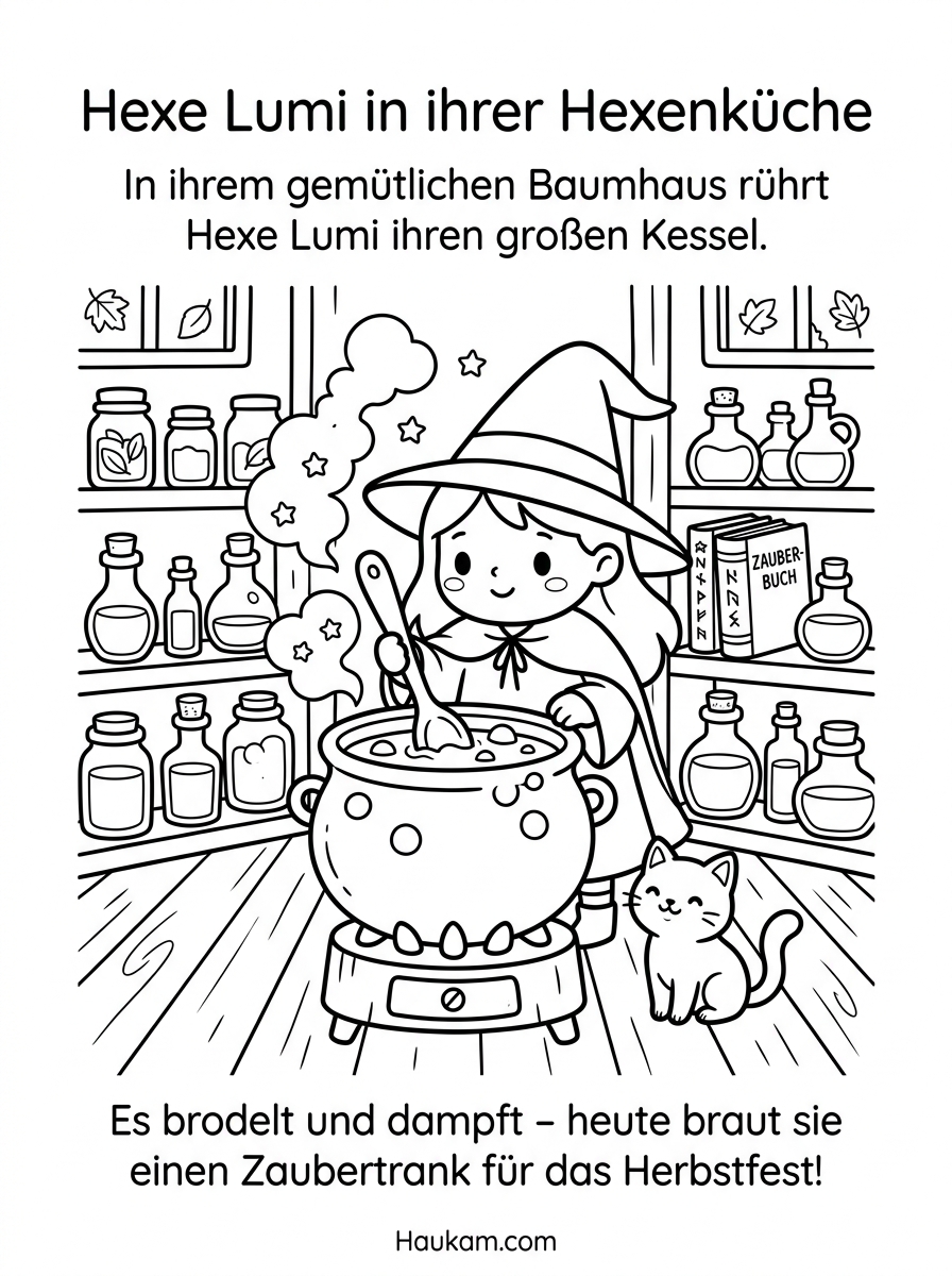 Hexe Ausmalbild für Kinder: 5 zauberhafte Malvorlagen zum Ausdrucken mit spannender Herbstgeschichte 1 Hexe Ausmalbild für Kinder – kleine Hexe Lumi rührt in ihrer Hexenküche einen Zaubertrank im Kessel, Malvorlage zum Ausdrucken