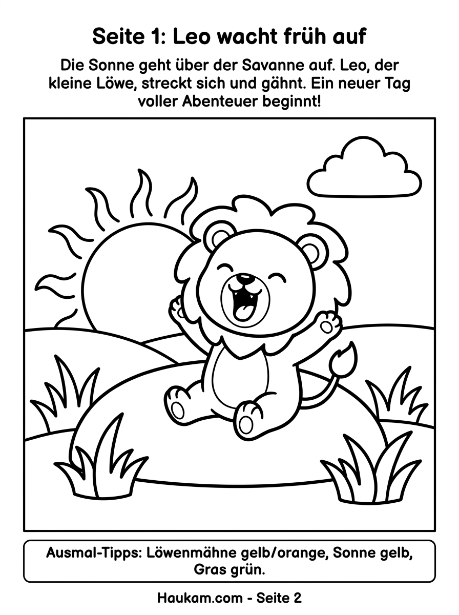Löwe zum Ausmalen : 5 liebevolle Ausmalbilder mit Leo, dem kleinen Löwen aus der Savanne 1 Löwe zum Ausmalen: kleiner Löwe streckt sich gähnend auf einem Hügel vor der aufgehenden Sonne