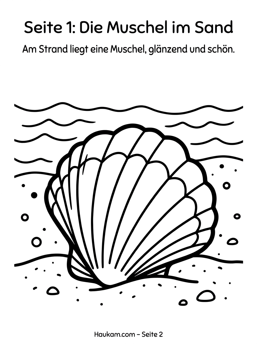 Muschel Ausmalbild für Kinder: Kostenlose Malvorlagen mit Strandgeschichte zum Ausdrucken 1 Muschel Ausmalbild für Kinder – einfache Malvorlage mit großer Muschel im Sand zum Ausdrucken
