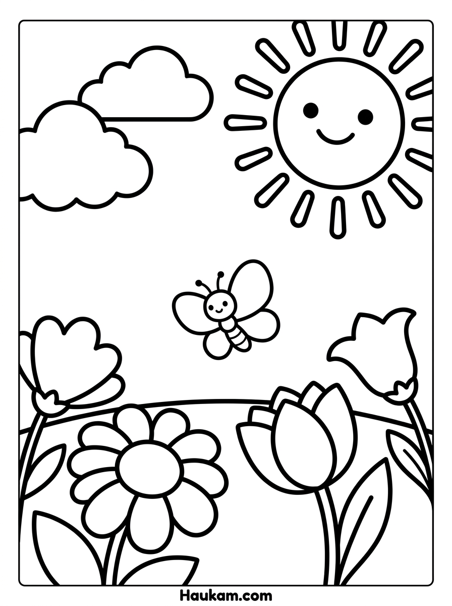 Natur Ausmalbilder zum Ausdrucken für Kinder 1 Natur Ausmalbilder Blumenwiese im Frühling mit Sonne und Schmetterling für Kinder