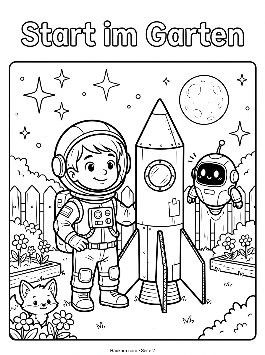 Raketen Ausmalbilder : Eine Zauberhafte Weltraumreise zum Ausmalen und Träumen 1 Raketen Ausmalbild für Kinder: Junge Timo im Astronautenanzug steht neben seiner Rakete im Garten unter dem Sternenhimmel