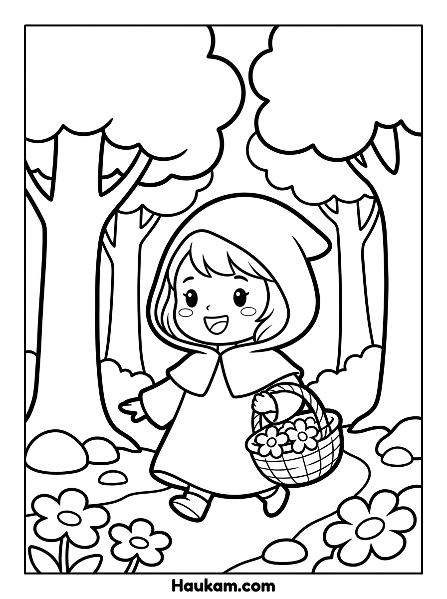Ausmalbilder Märchen zum Ausdrucken – Gratis für Kinder 1 Ausmalbilder Märchen zum Ausdrucken – Rotkäppchen läuft mit Korb durch den Wald, Malvorlage für Kinder im Chibi-Stil