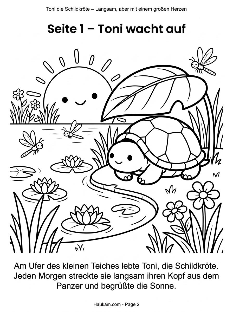 Schildkröte zum Ausmalen: Eine herzerwärmende Geschichte für Kinder in 5 liebevoll gestalteten Ausmalbildern zum Ausdrucken 1 Schildkröte zum Ausmalen – Toni erwacht am Teichufer bei Sonnenaufgang, Ausmalbild für Kinder mit Seerosen und Libellen